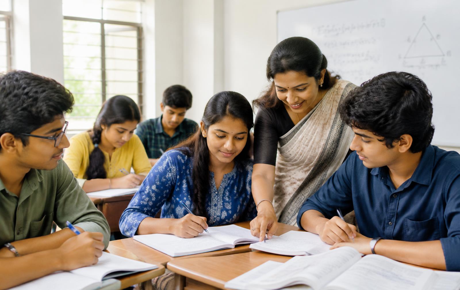 Teacher guiding students