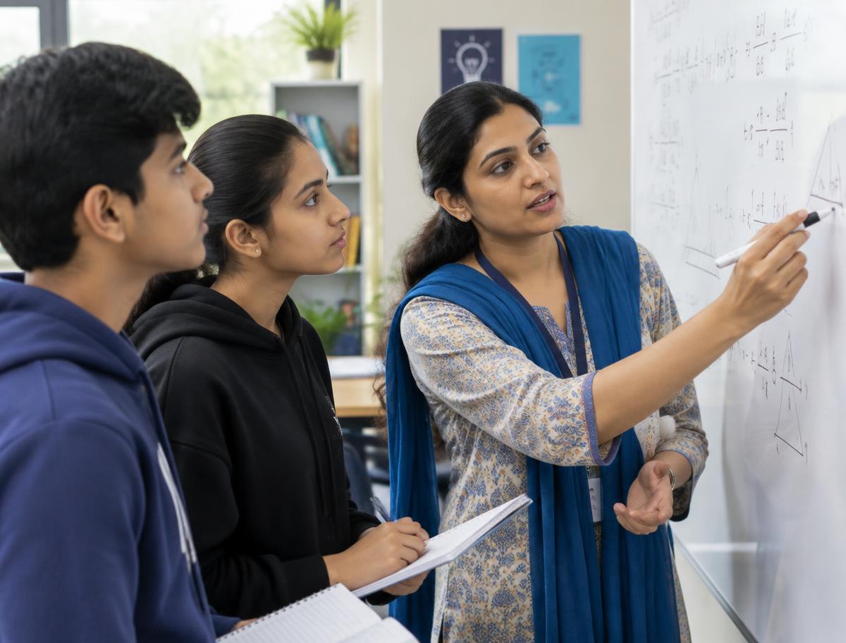 Teacher explaining mathematics at a whiteboard
